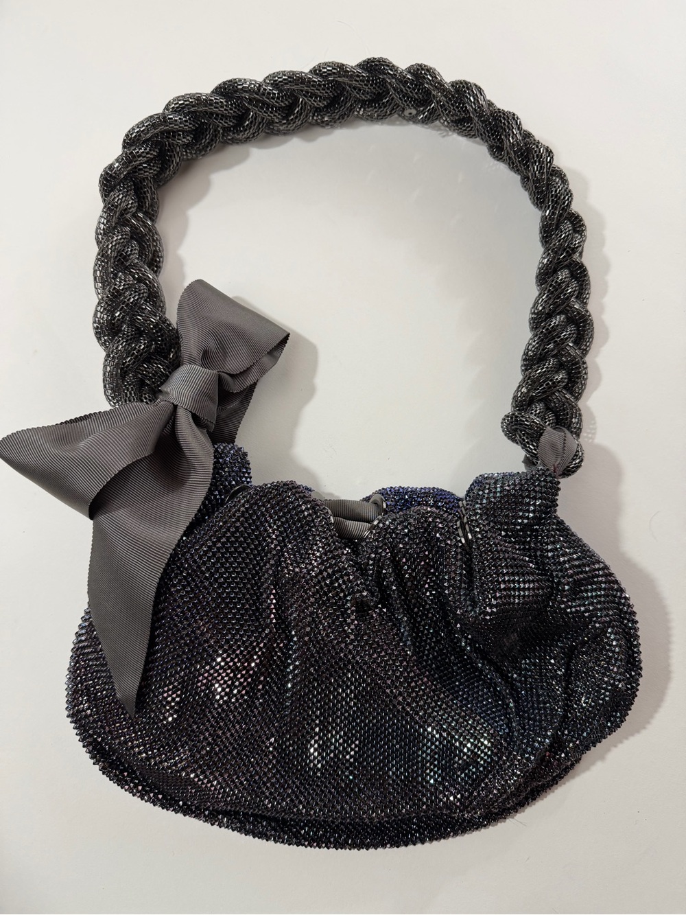 KOTUR Iridescent Chain Maille Shoulder Bag Pewter Gunmetal Crystal Mesh Purse